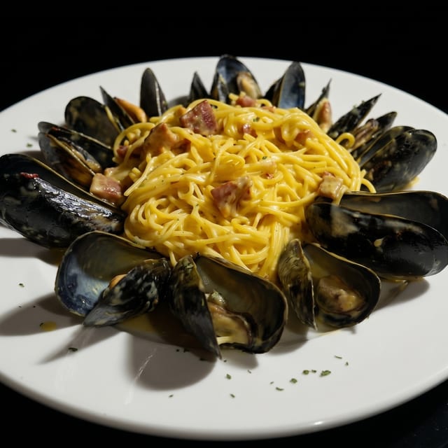 Mussels Saffron over pasta.