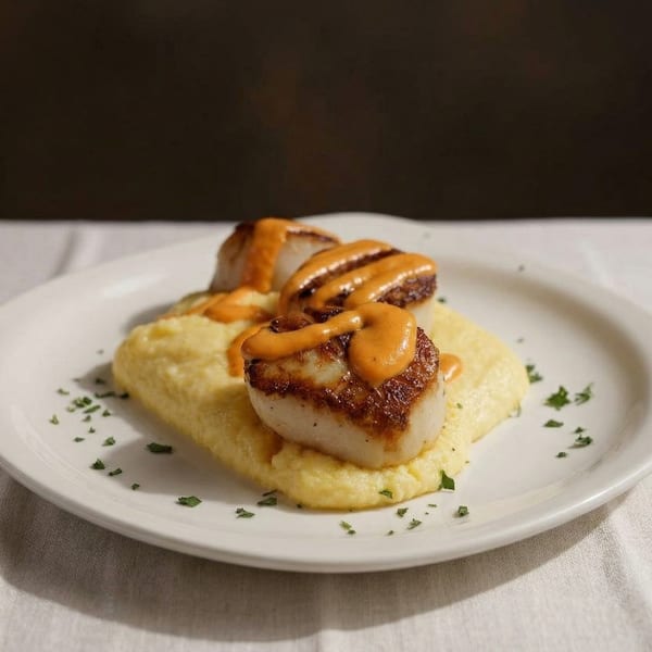 Seared scallops with orange sauce on a bed of polenta, garnished with herbs on a white plate.