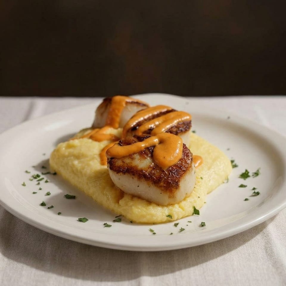 Seared scallops with orange sauce on a bed of polenta, garnished with herbs on a white plate.