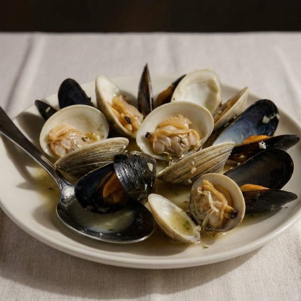 A white plate filled with steamed clams and mussels in a light broth, with a spoon.