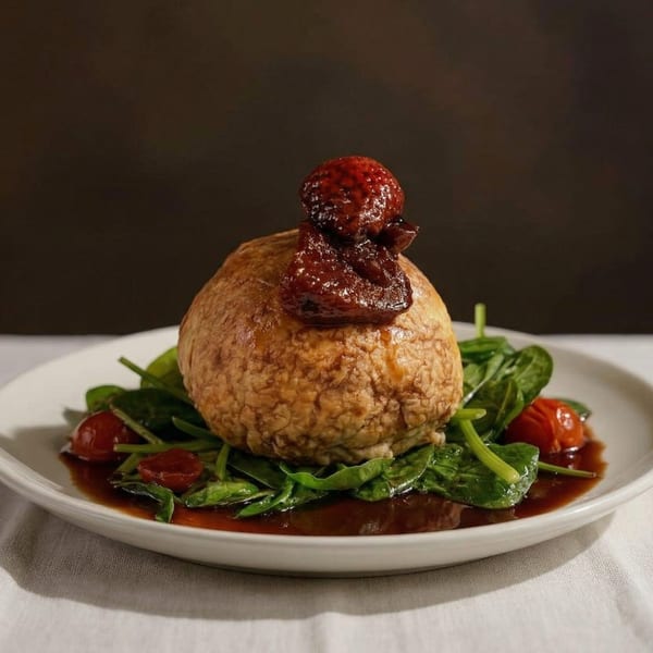 A large mushroom cap topped with glazed strawberries and sauce, served on a bed of spinach.