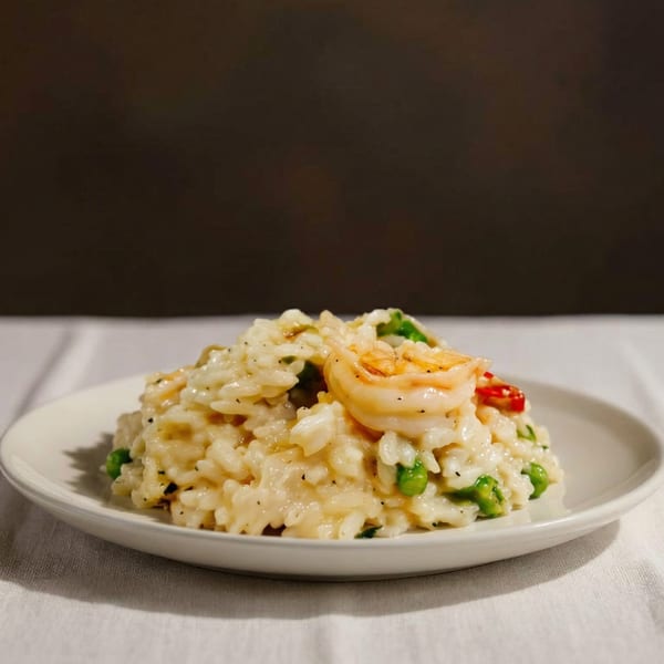 Creamy shrimp risotto with green peas and red pepper on a white plate.