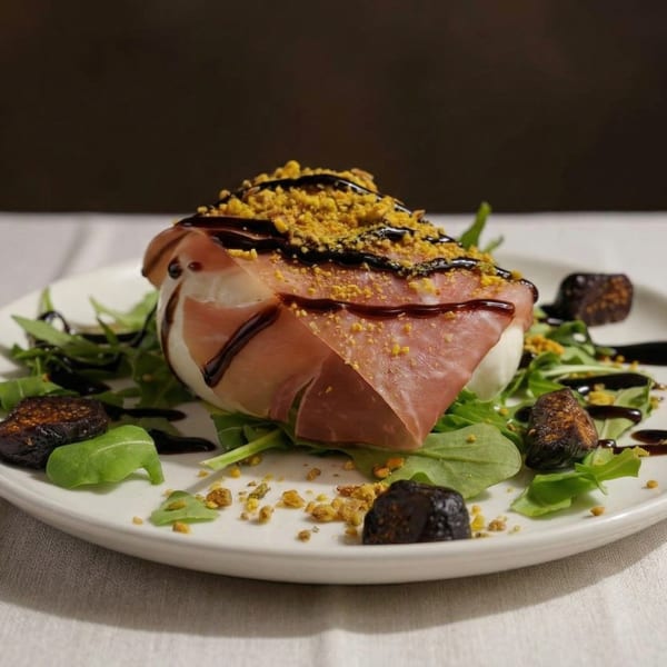 Burrata cheese wrapped in prosciutto, topped with pistachios and balsamic glaze, served with figs and arugula.