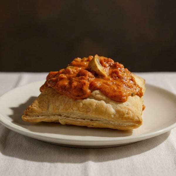 Puff pastry filled with a rich, orange-red sauce and mushrooms on a white plate.