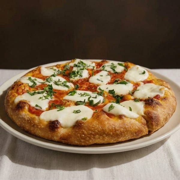 A freshly baked pizza with melted mozzarella, red sauce, and green herbs on a white plate.