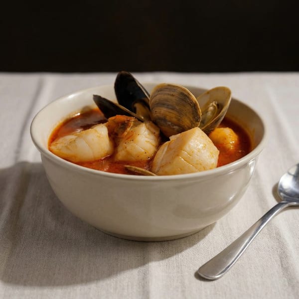 A bowl of seafood stew with scallops, mussels, and clams in a rich red broth.