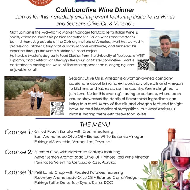 July 28th Inhouse Wine DInner with Seasons & Dalla Terra