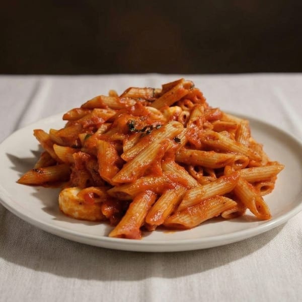 Penne pasta with red sauce and chicken pieces on a white plate, on a white tablecloth.