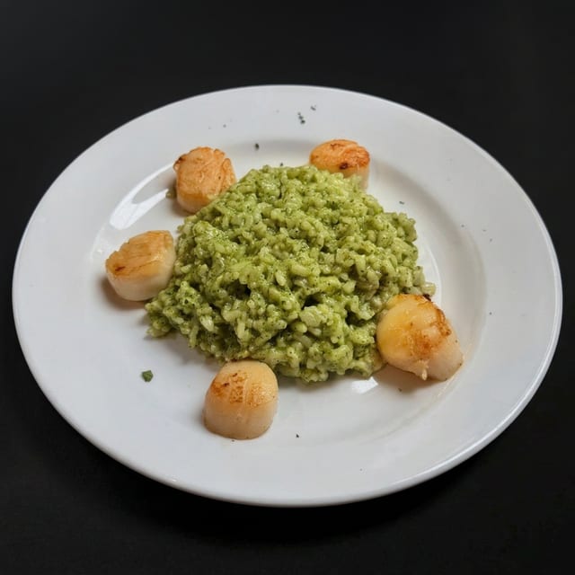 Pesto Risotto with Grilled Scallops.