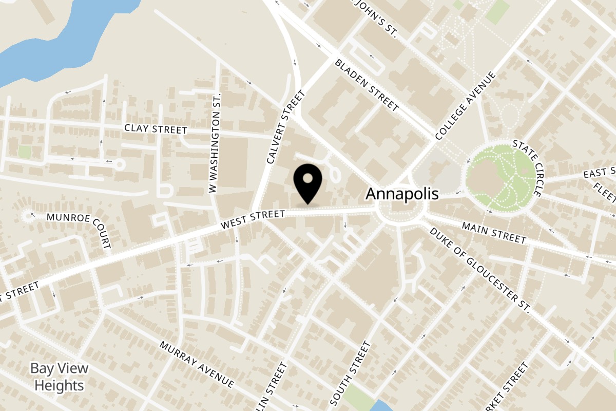 Map showing the location of Luna Blu Ristorante Italiano on 36 West St in Annapolis
